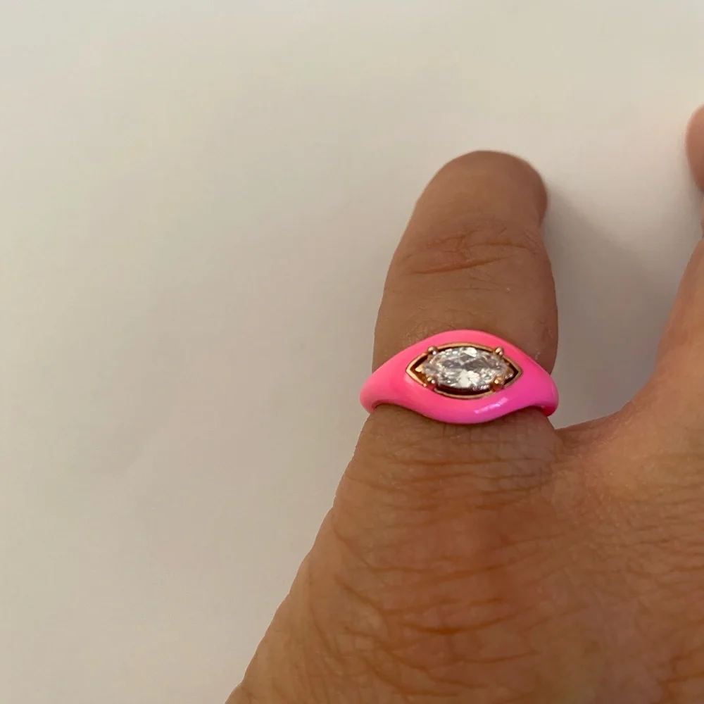 925 Silver ring pink enamel oval cz eye